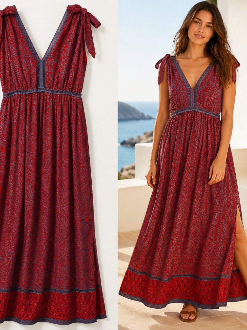 NWT Chelsea & Violet Tie Shoulder Floral Maxi Dress Red Blue XS